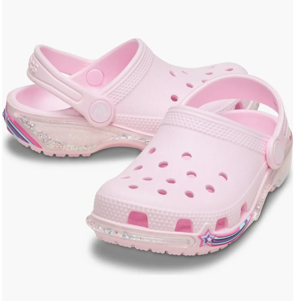 Crocs Kids' Pink Classic‎ Star Sparkle Shaker Clog Size J 2